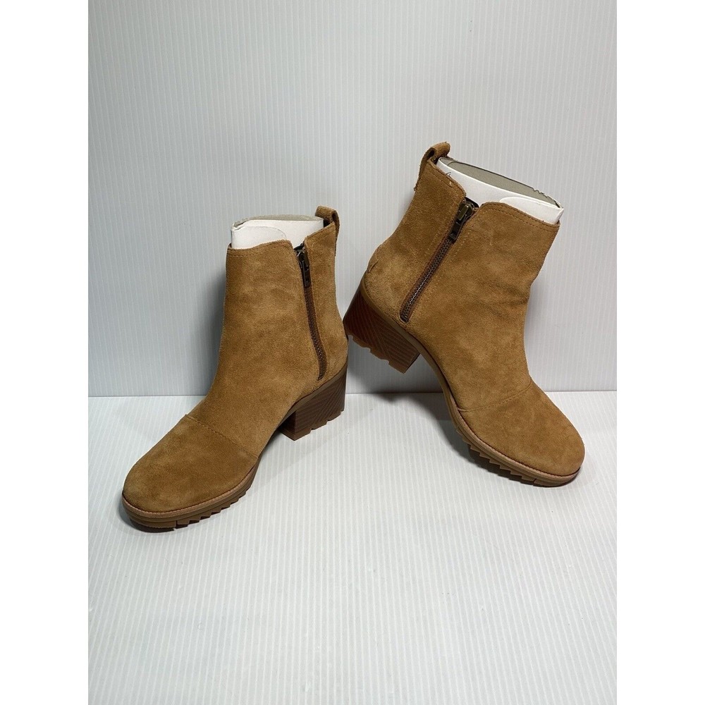 NIB SOREL Cate Waterproof Suede Block Heel Bootie/Side Zip Size 7.5 Camel Brown